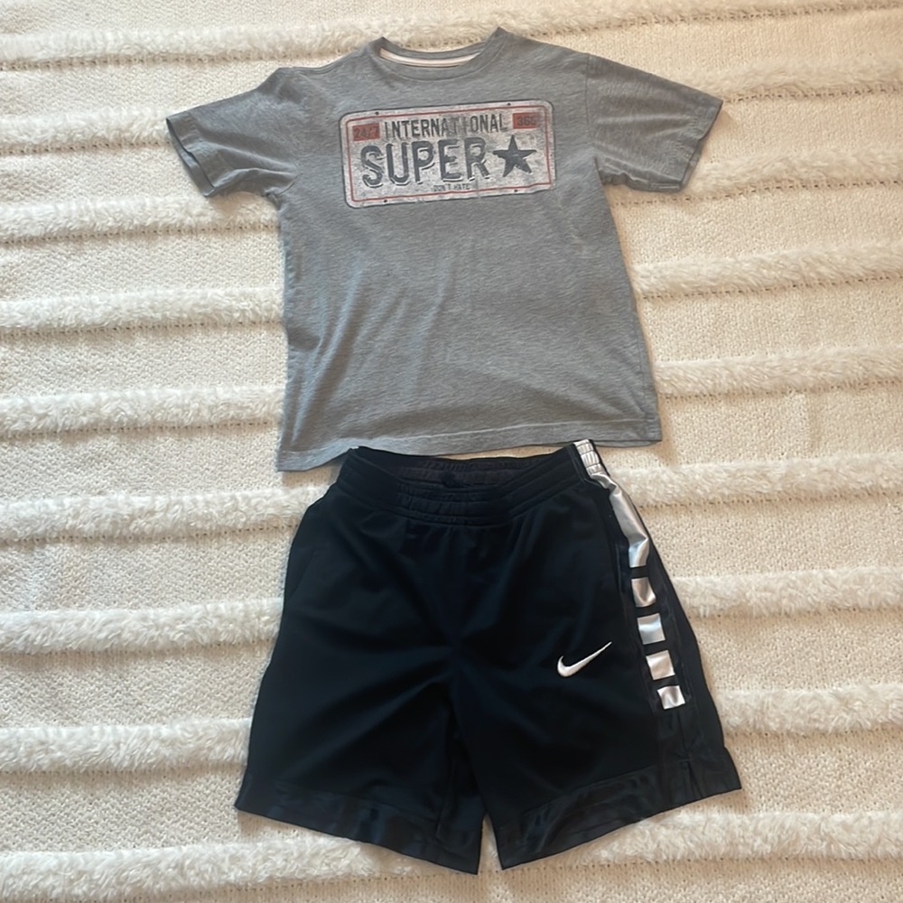 Nike athletic shorts basketball dri fit drawstring black & T-shirt boys size M